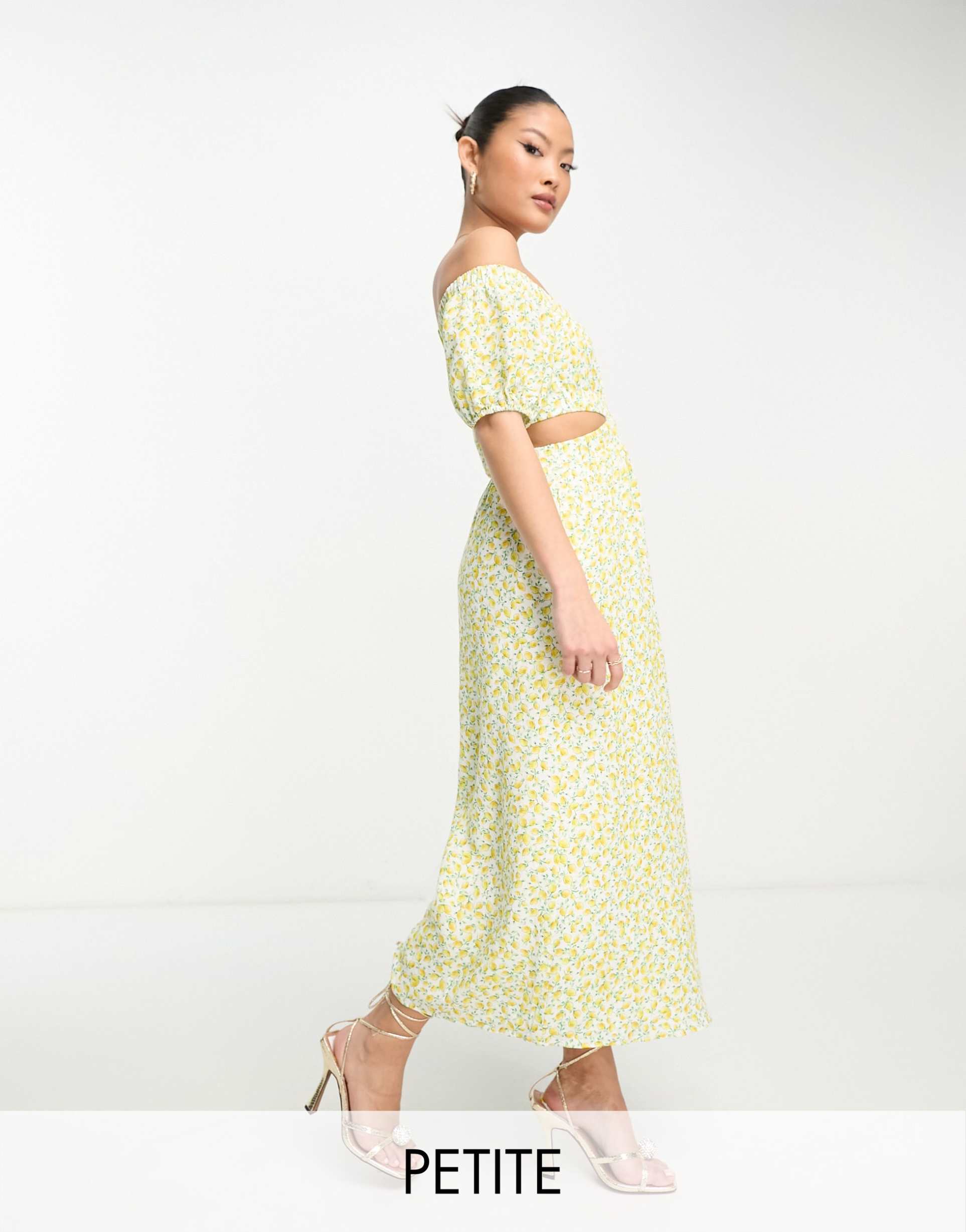 ever new petite off-shoulder maxi dress in lemon floral