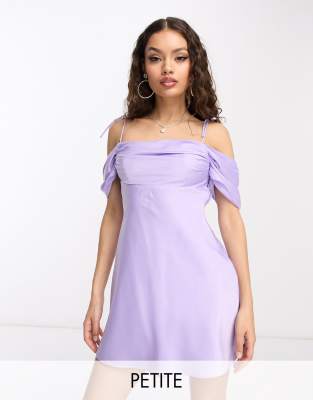 Ever New Petite Off Shoulder Mini Dress In Lilac Satin-purple