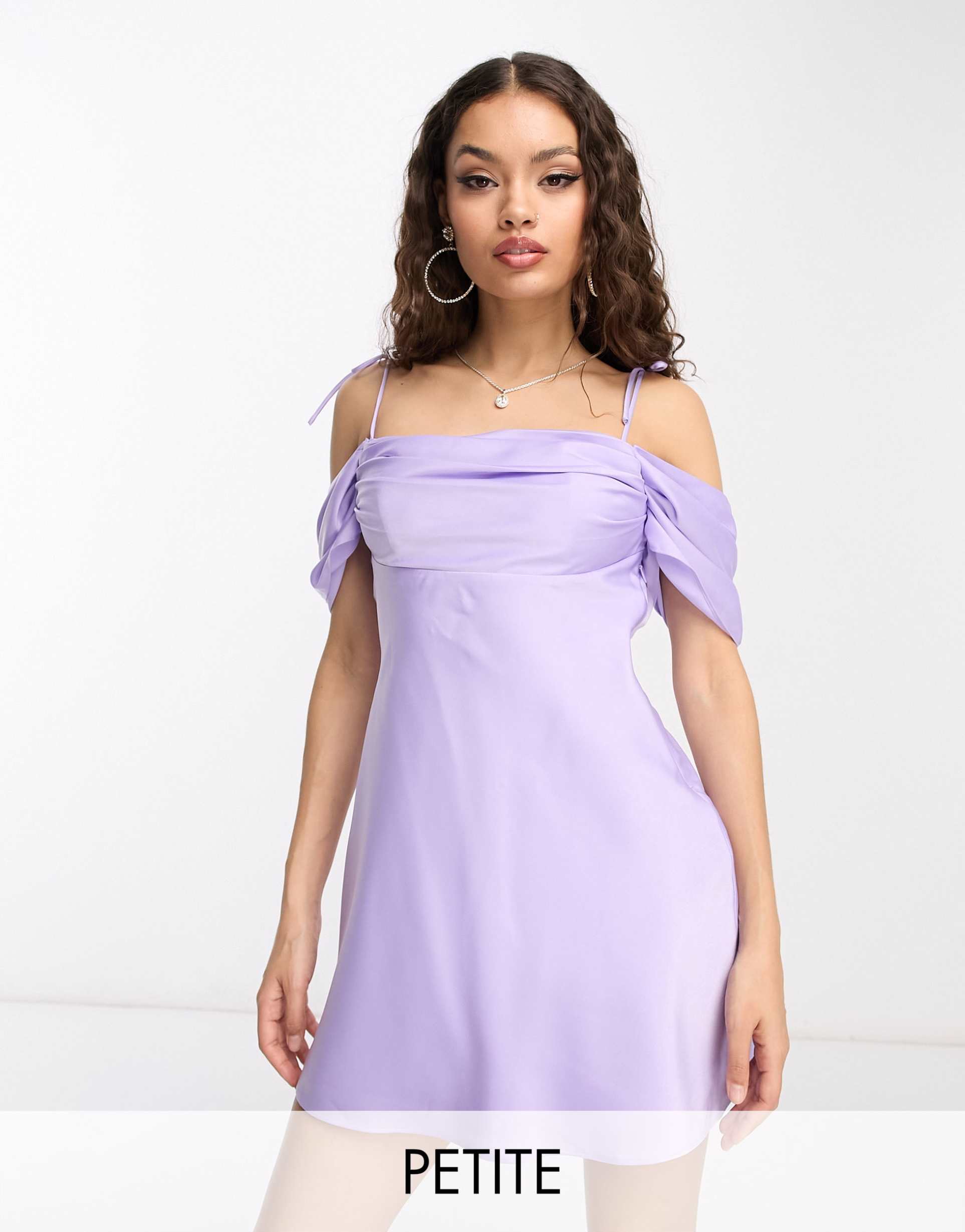 ever new petite off shoulder mini dress in lilac satin