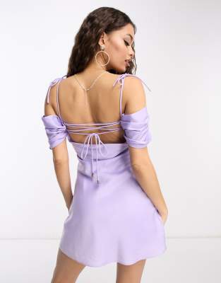 off shoulder mini dress in lilac satin ...