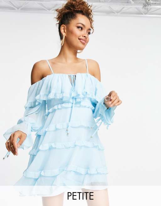 Blue ruffle off shop the shoulder dress