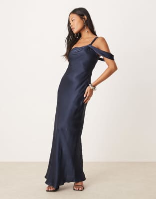 off shoulder satin midaxi dress in cobalt-Blue