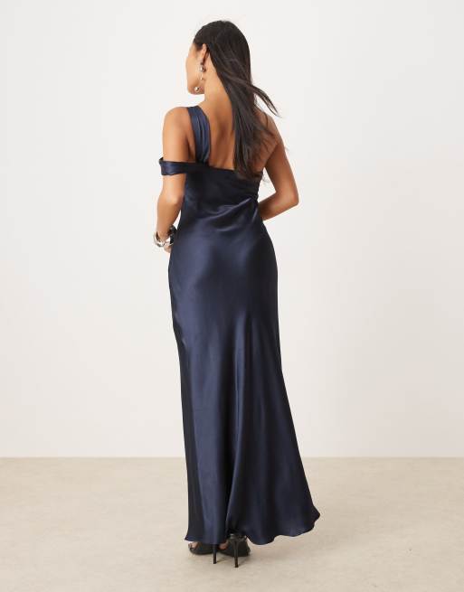 Ever New Petite off shoulder satin midaxi dress in cobalt, 4 of 4