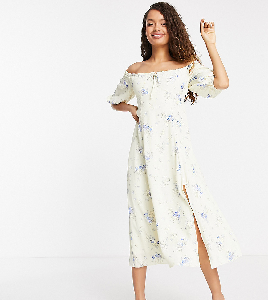 Forever New Petite Ever New Petite Off Shoulder Tea Midi Dress In Ditsy Yellow Floral