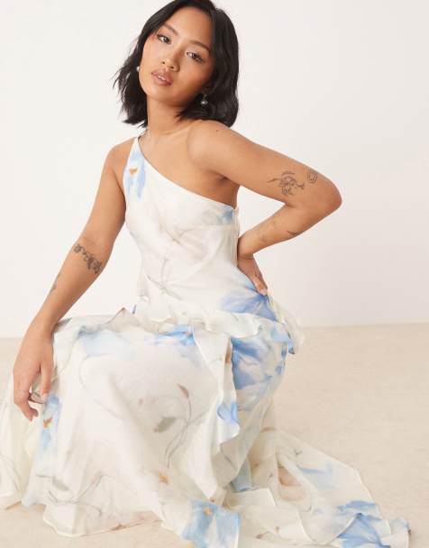 Ever New Petite one shoulder ruffle maxi dress in blue floral