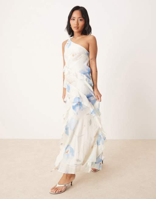 Ever New Petite one-shoulder ruffle maxi dress in blue floral