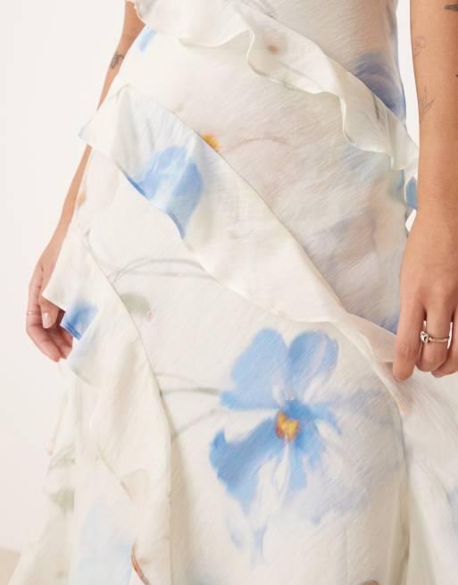 Ever New Petite one-shoulder ruffle maxi dress in blue floral