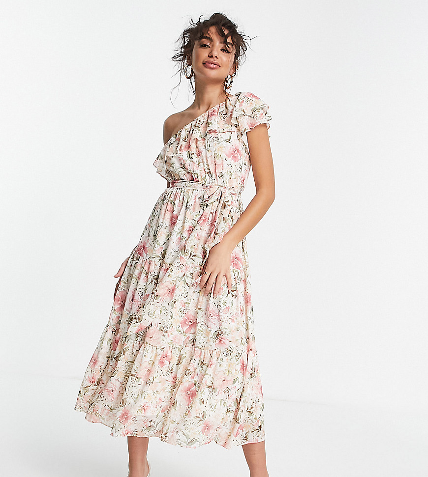 Ever New Petite one shoulder ruffle tie waist midi dress in blush floral-Pink