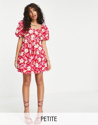 Ever New Petite open-back puff sleeve mini dress in red floral