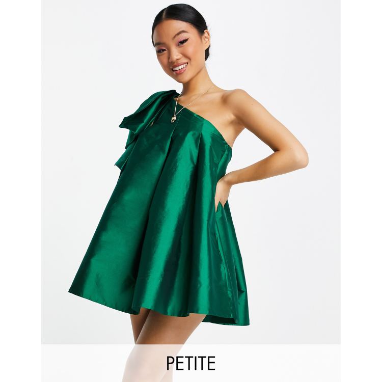 Ever New Petite oversized bow one shoulder mini dress in emerald green