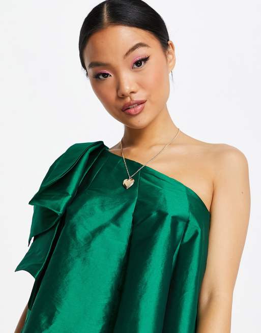 Ever New Petite oversized bow one shoulder mini dress in emerald green