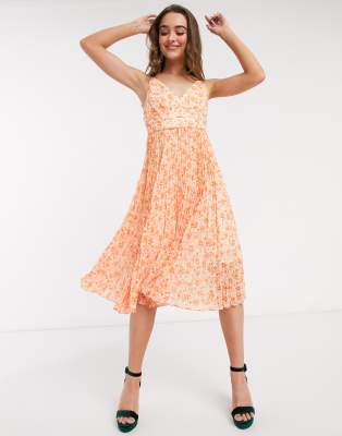 orange pleated midi dress