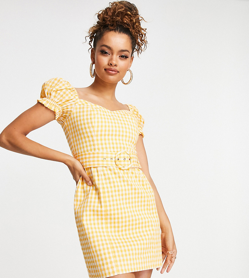 puff sleeve belted mini dress in amber gingham-Yellow