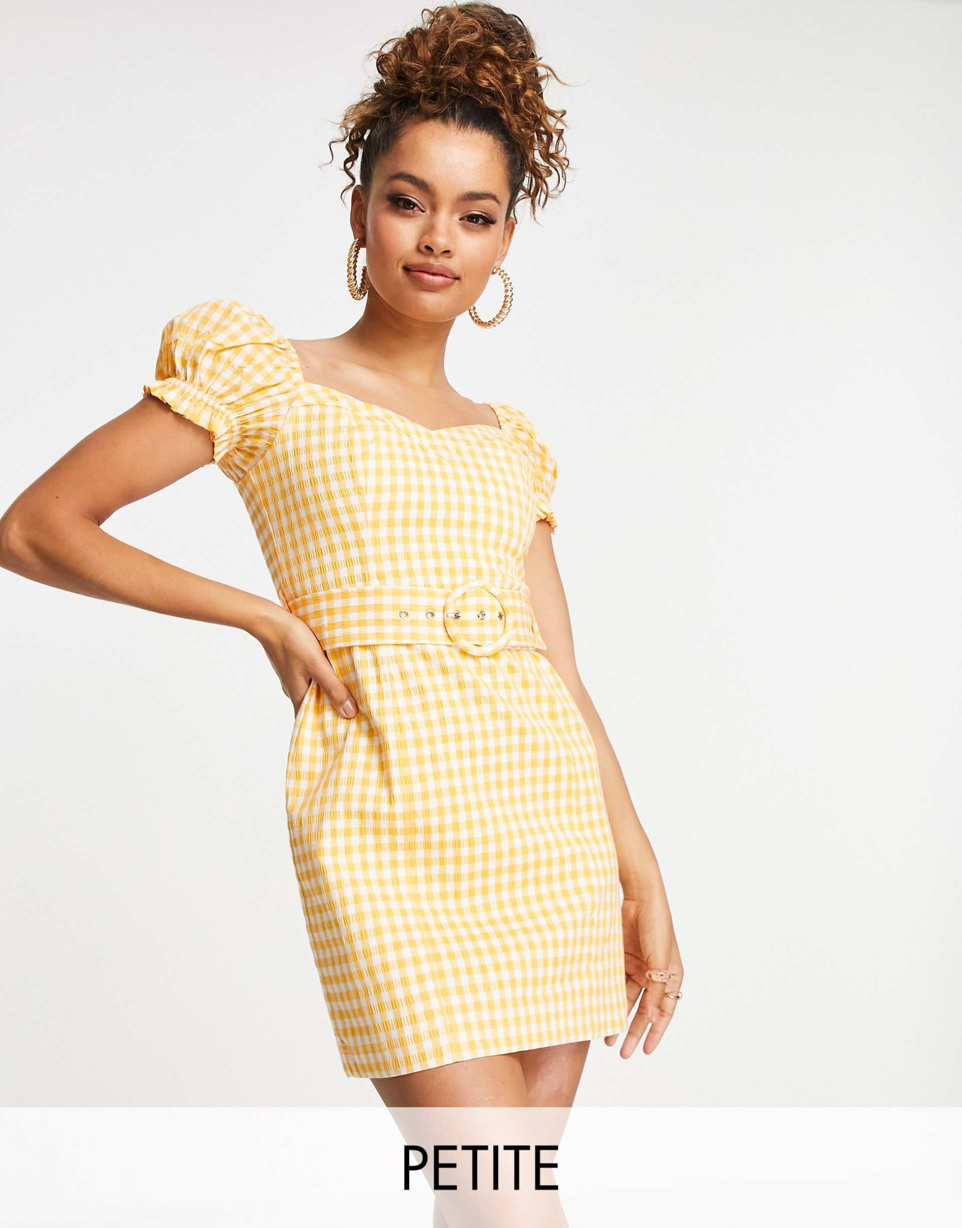 ever new petite puff sleeve belted mini dress in amber gingham