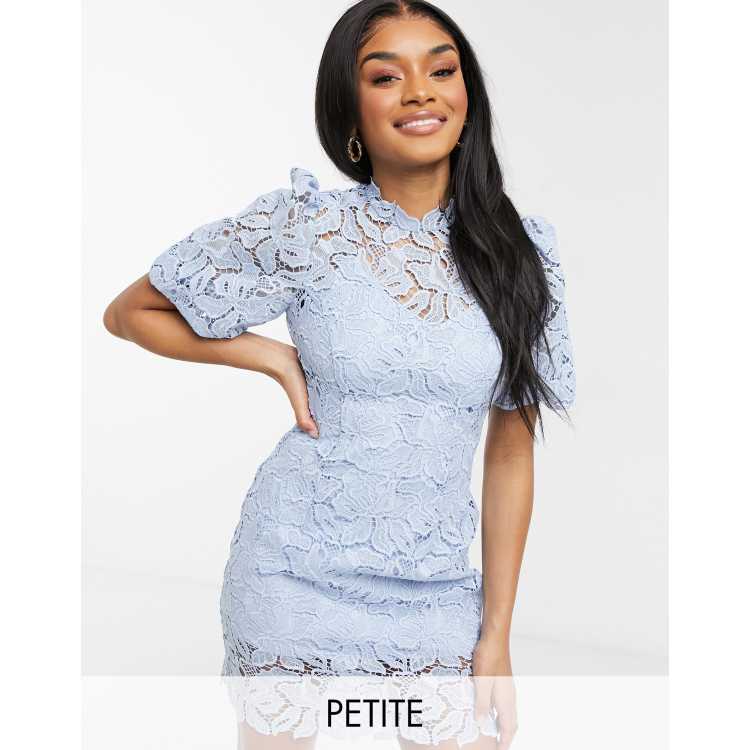 Ever New Petite puff sleeve high neck lace mini shift dress in