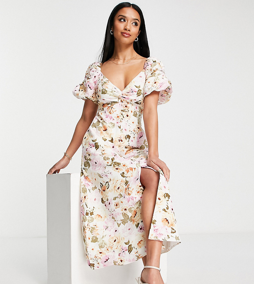 Forever New Petite Ever New Petite Puff Sleeve Midi Dress In Rose Floral-pink