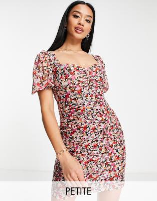 Ever New Petite puff sleeve ruched mini dress in bright floral-Multi