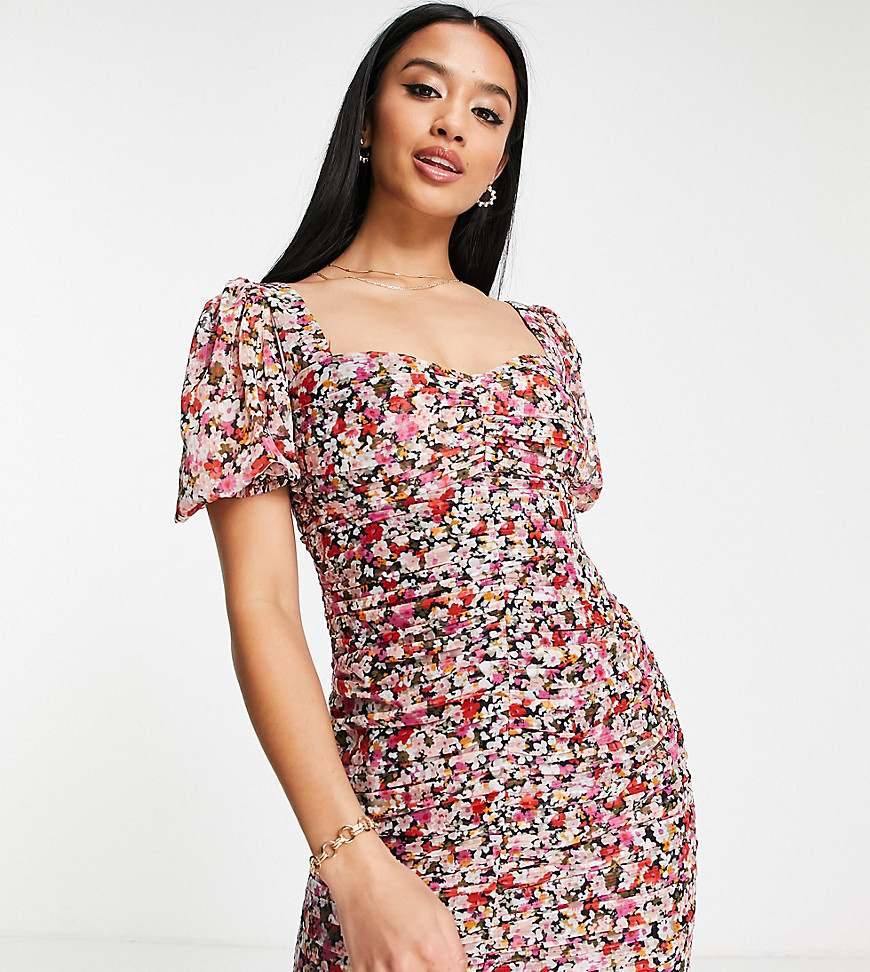 Ever New Petite Puff Sleeve Ruched Mini Dress In Bright Floral-multi