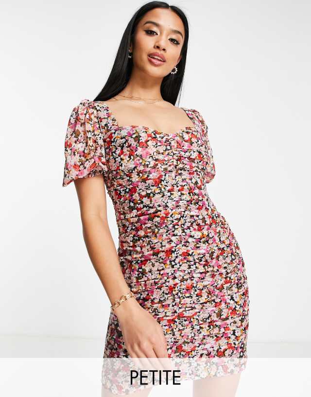 Ever New Petite puff sleeve ruched mini dress in bright floral