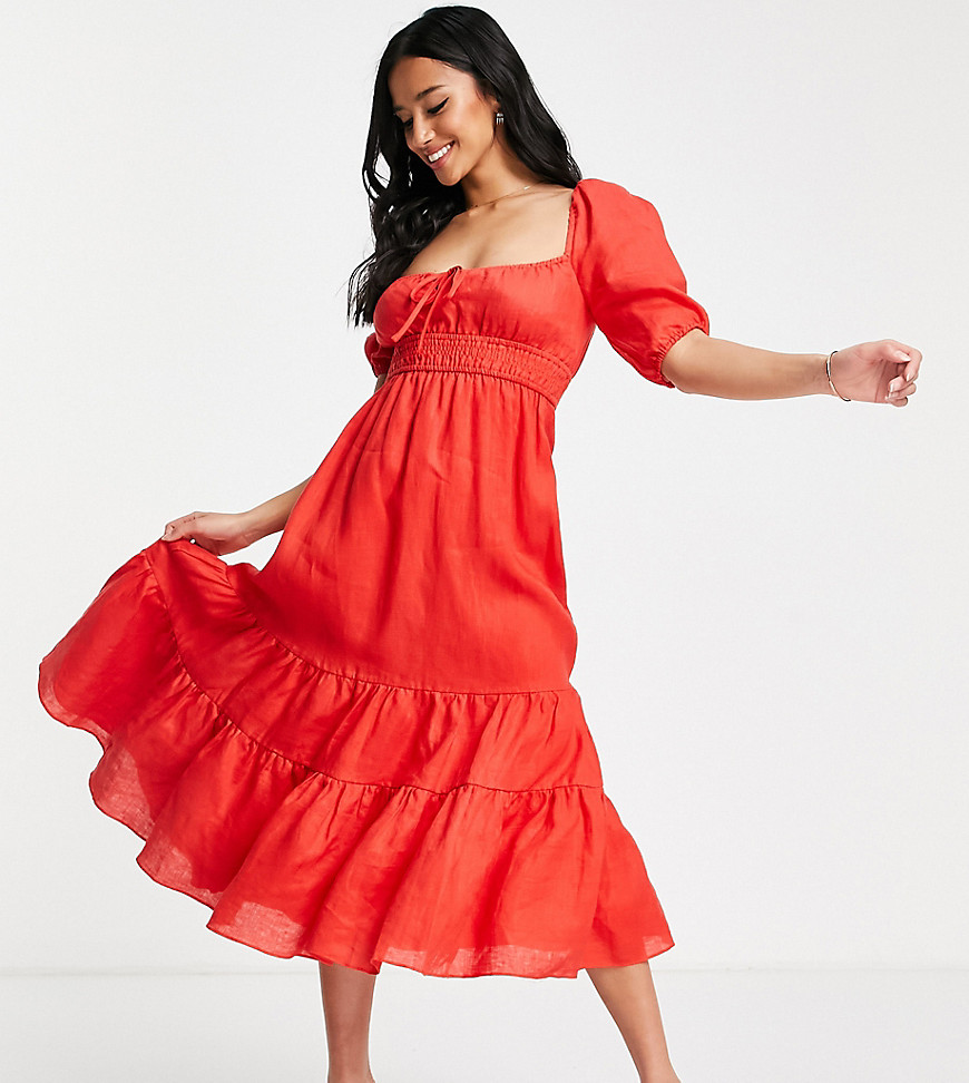 Ever New Petite puff sleeve tiered midi dress in red