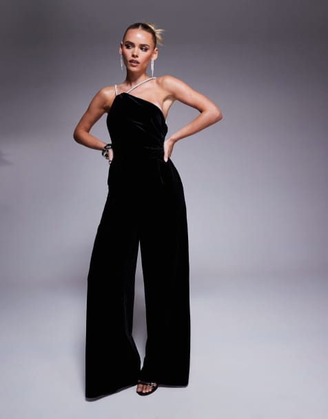 Ever New Petite rhinestone embellished one shoulder jumpsuit in black - view 1