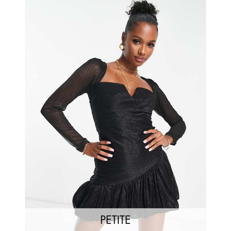 Ever New Petite ruched metallic bubble hem mini dress in black | ASOS