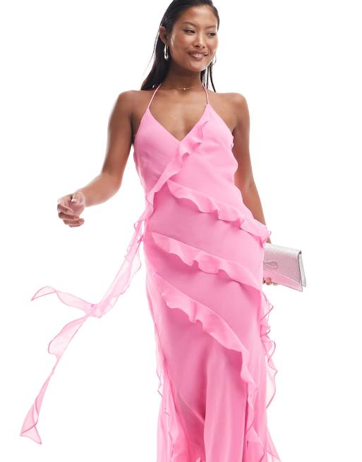 Ever New Petite Ruffle Halterneck Maxi Dress in Pink