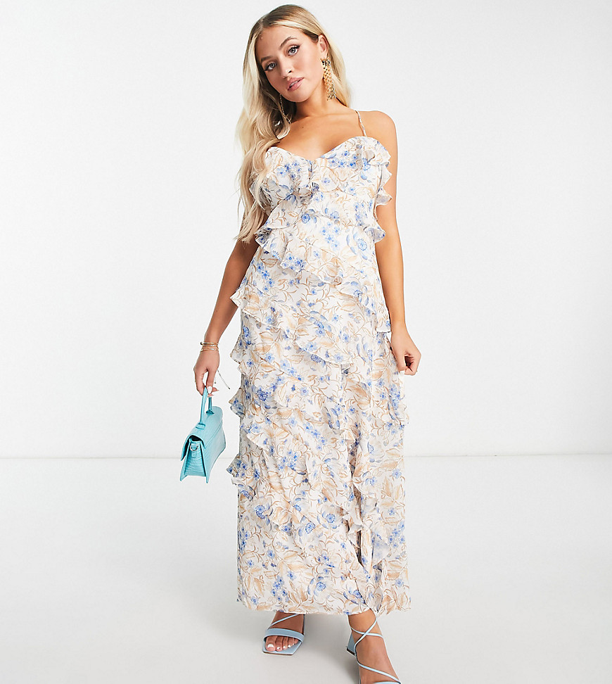Forever New Petite Ever New Petite Ruffle Midi Dress In Blue Floral