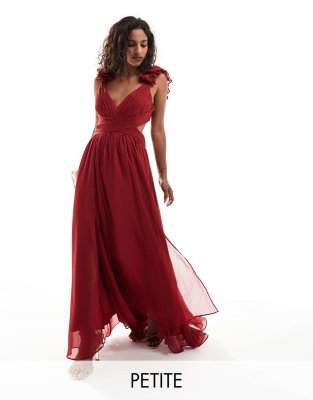 ruffle shoulder maxi dress in deep red