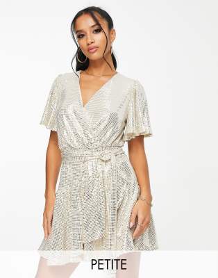 Ever New Petite Ruffle Wrap Sequin Mini Dress In Silver