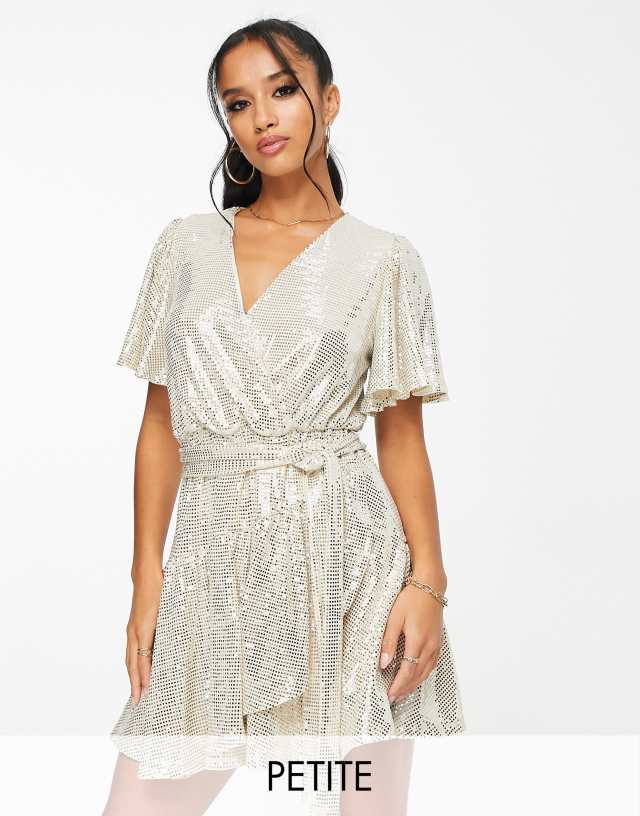 Ever New Petite ruffle wrap sequin mini dress in silver