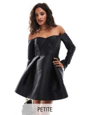 satin long sleeve mini dress in black