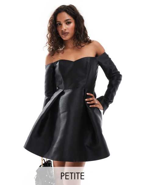 Ever New Petite satin long sleeve mini dress in black