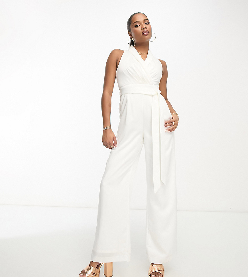Ever New Petite sleeveless jumpsuit with belt in ivory-White