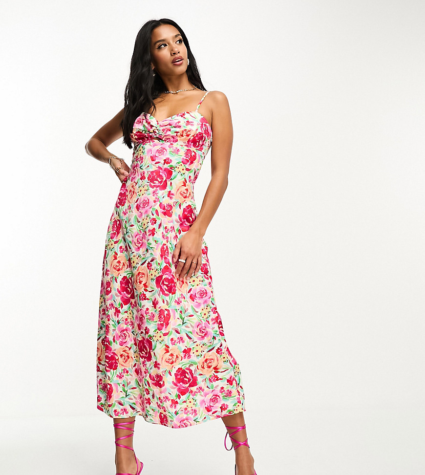 Ever New Petite Slip Midi Dress In Pink And Red Floral
