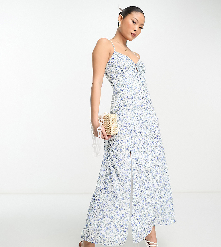 strappy maxi dress with split in ivory floral-White