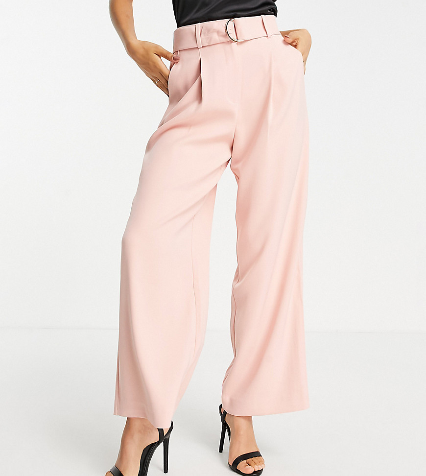 tailored belted wide leg pants in blush-Pink