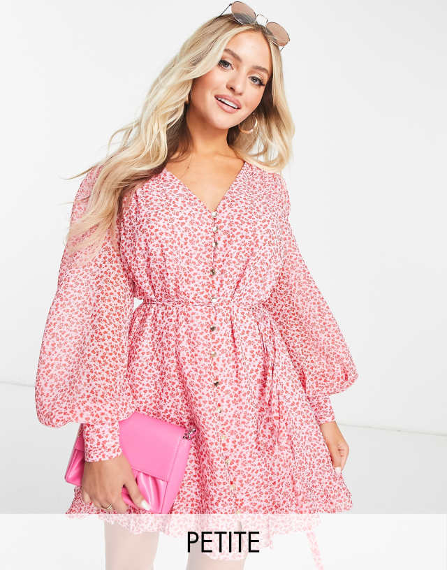 Ever New Petite tie waist mini dress in pink ditsy floral