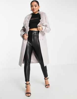 Forever New Petite Ever New Petite Wrap Tie Coat With Faux Fur Collar In Mink-pink