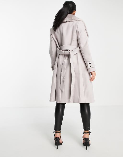 Ever New Petite wrap tie coat with faux fur collar in mink