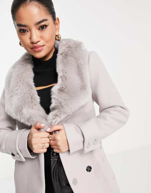 Ever New Petite wrap tie coat with faux fur collar in mink ASOS