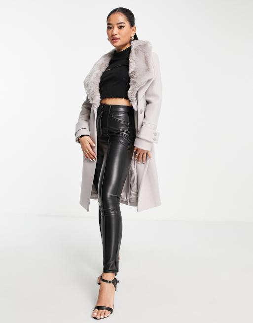 Ever New Petite wrap tie coat with faux fur collar in mink