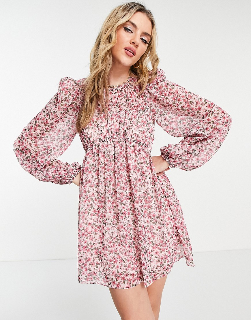 Forever New Ever New Pintuck Blouson Sleeve Ruched Mini Dress In Blush Ditsy Floral-multi
