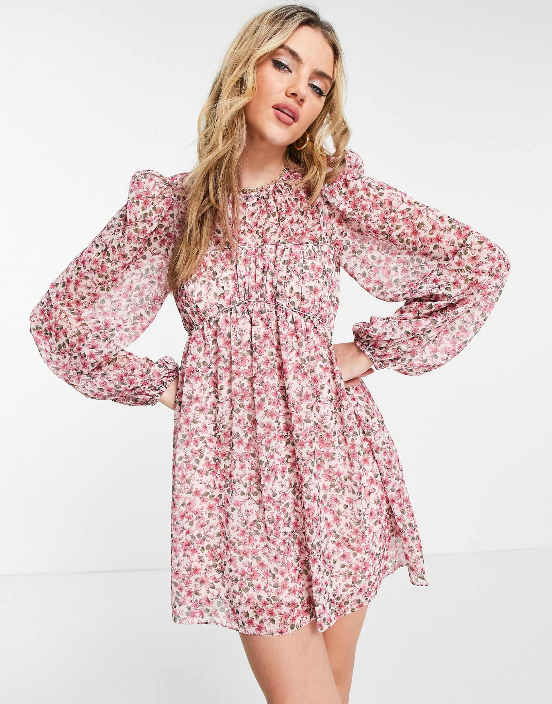 ever new pintuck blouson sleeve ruched mini dress in blush ditsy floral