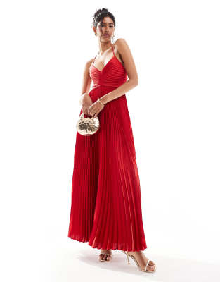 pleated maxi dress in red