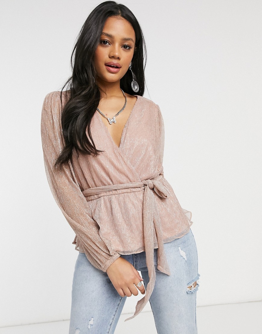 Ever New plisse wrap top with tie waist and balloon sleeve in metallic blush-Pink
