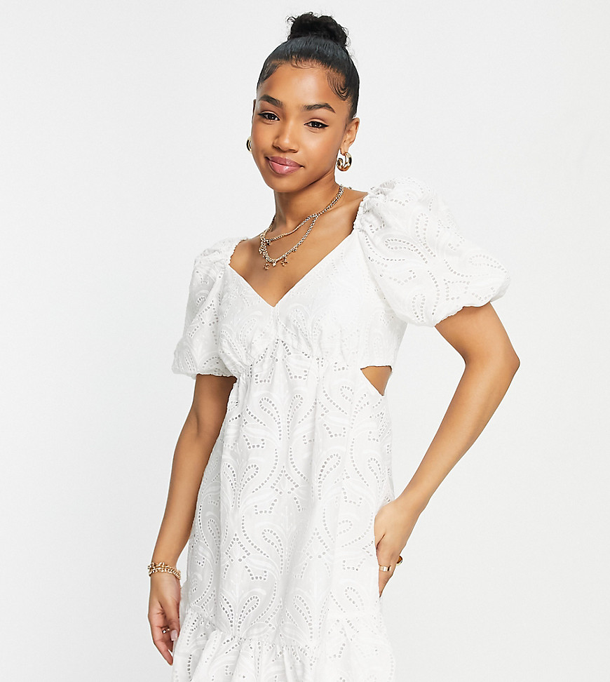 puff sleeve cut-out mini dress in ivory broderie-White