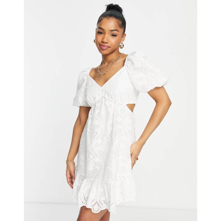 Ever New puff sleeve cut-out mini dress in ivory broderie | ASOS