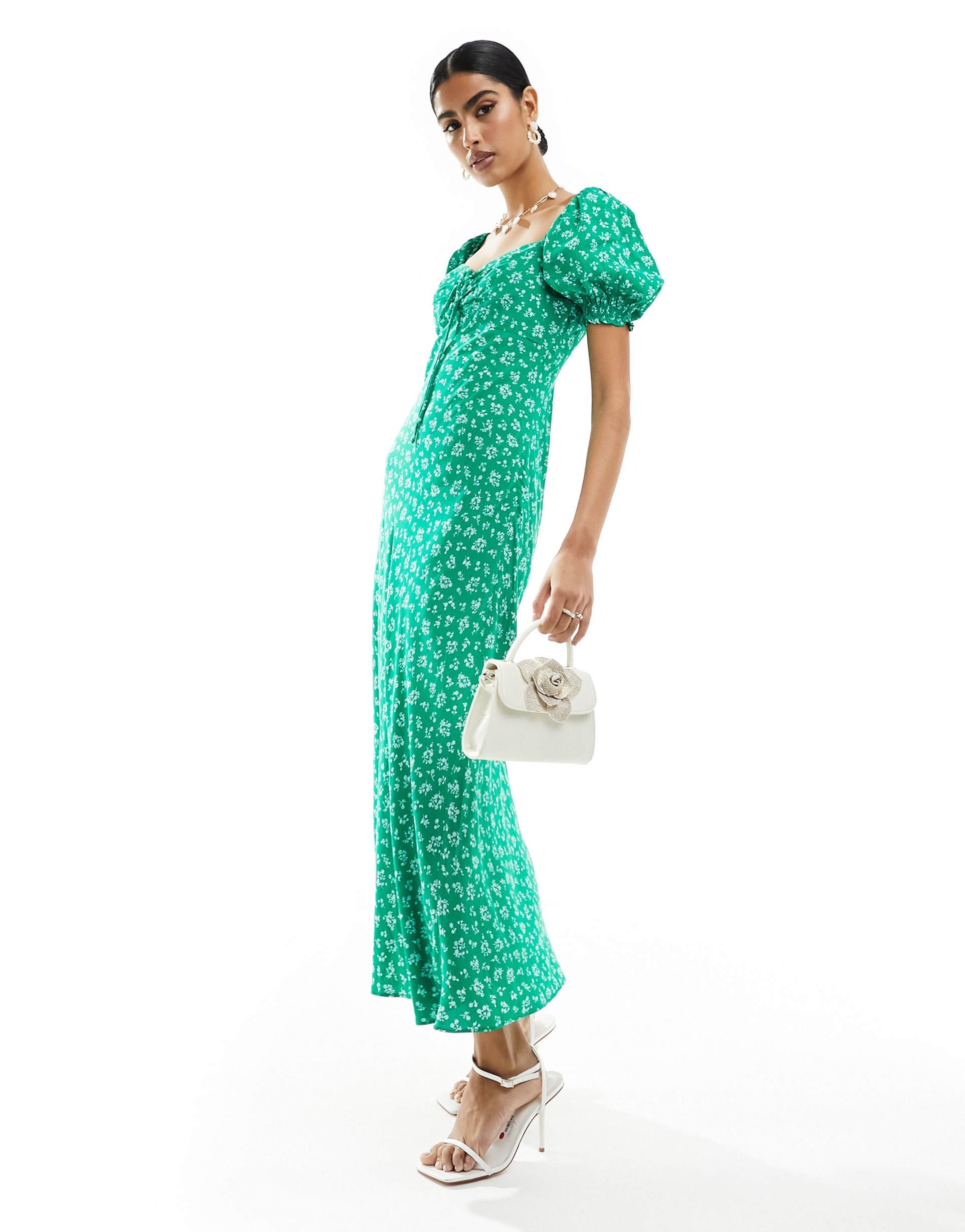 ever new puff sleeve midaxi dress in green ditsy floral