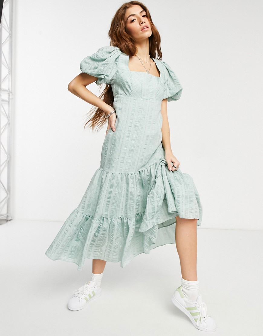 Forever New Ever New Puff Sleeve Square Neck Midaxi Smock Dress With Bow Back In Soft Mint-green